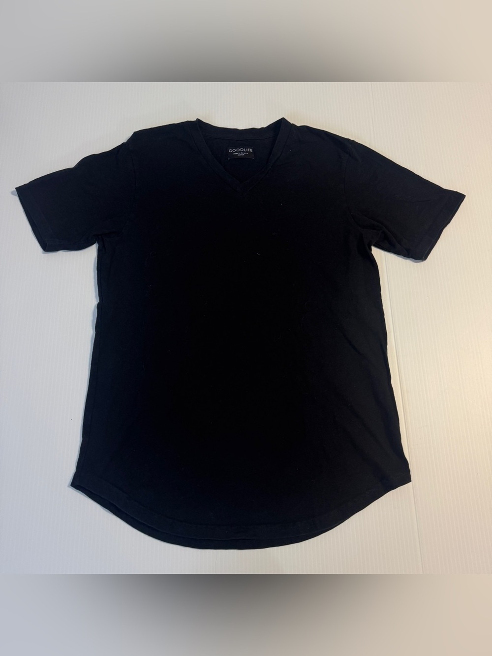 Goodlife USA Black V Neck Slub Cotton Curved Hem Luxury Basic T Shirt Medium Men